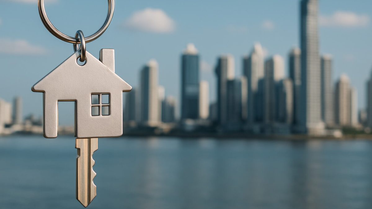 Llave de casa con fondo del skyline de la ciudad en Panamá, simbolizando la oportunidad de comprar casa siendo soltero.